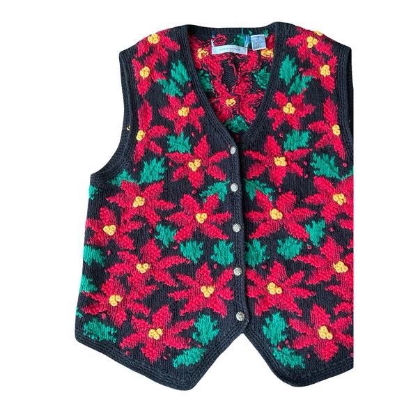 Vtg Signature Northern Isles Hand Knit Poinsettias Sweater Vest M Holiday Xmas - Picture 3 of 7